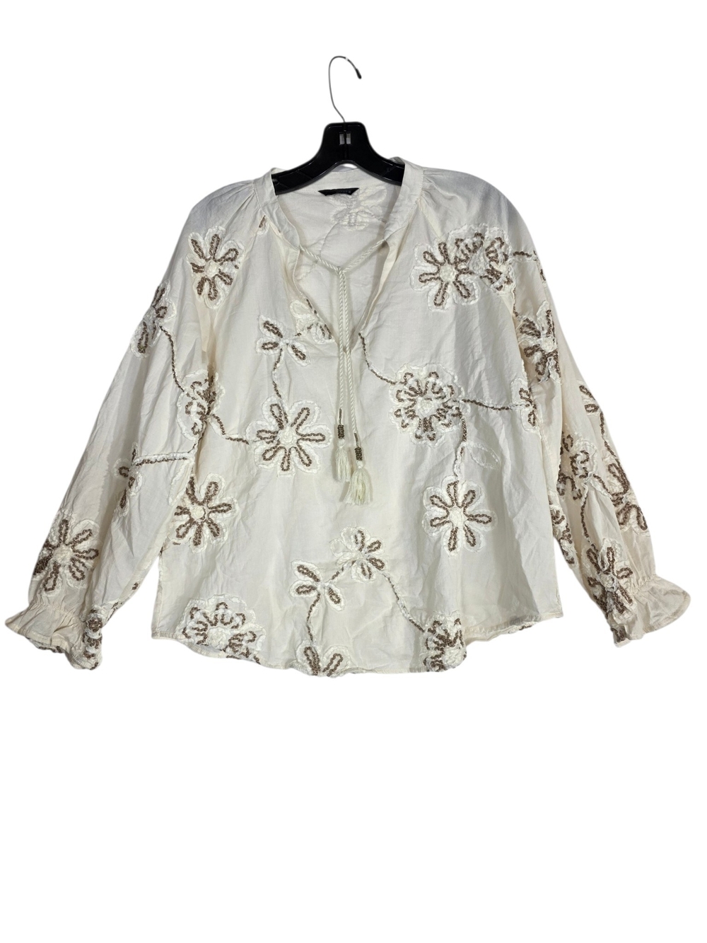 Zara Bohemian Cream Embroidered V-Neck Peasant Blouse with Tassel Tie